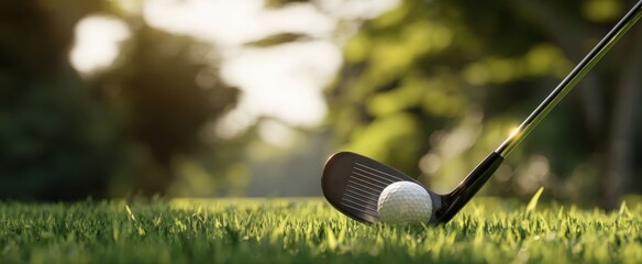 Obraz premium The Golf Ball and Club on Dewy Grass at Sunset on Scenic Golf Course