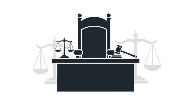 Judge desk with gavel and scales.