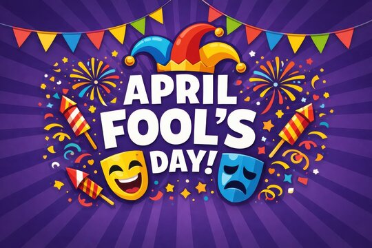 April Fools Day celebration with jester hat and fireworks
