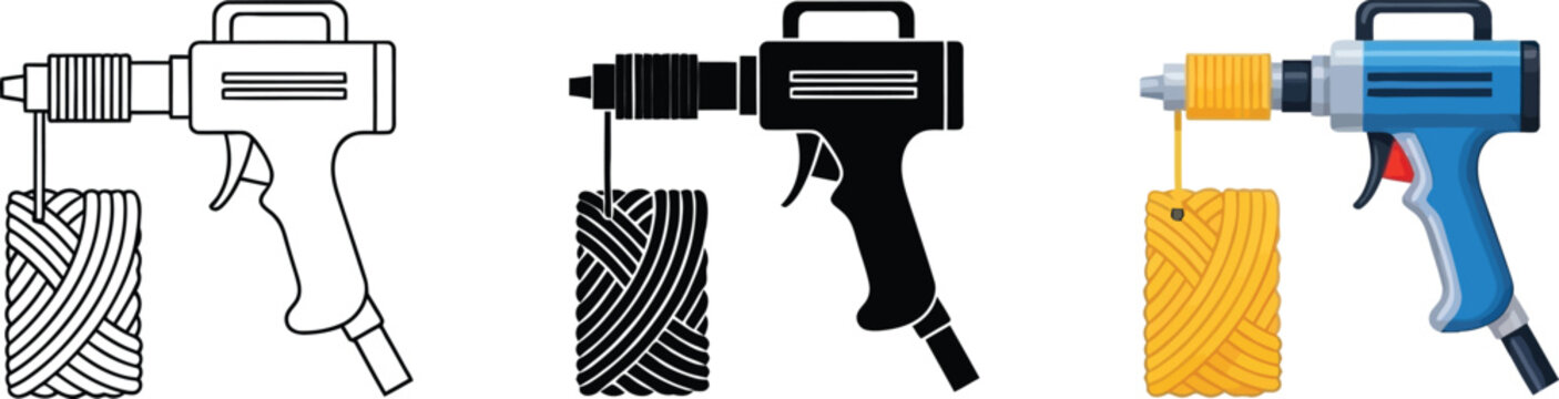 Set of tufting gun illustrations featuring outline solid black and colorful flat vector designs ideal for craft projects and textile art concepts
