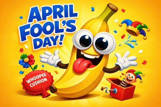 Cartoon banana character celebrating April Fools Day with pranks