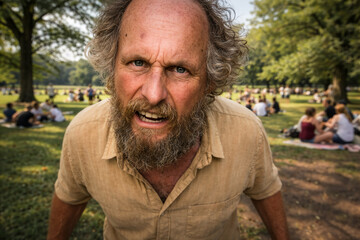 W&uuml;tender &auml;lterer Mann mit Vollbart schreit im Park in die Kamera