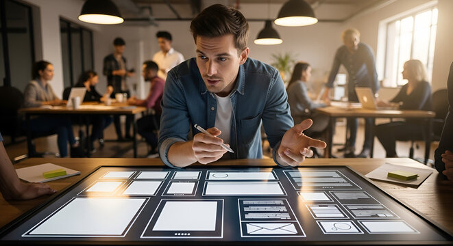 Man presenting web design layout and user interface wireframes on interactive digital screen in modern office space