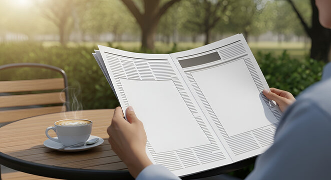 Man reading newspaper with coffee on table in outdoor cafe enjoying leisure time in sunlight modern lifestyle and relaxation