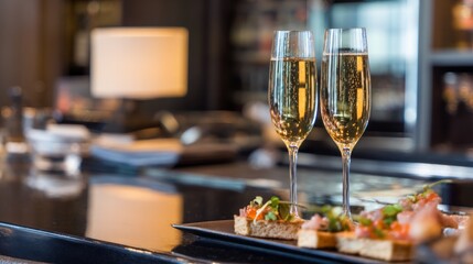 Fototapeta premium Elegant Champagne Flutes and Delicious Appetizers at a Dark Bar Interior