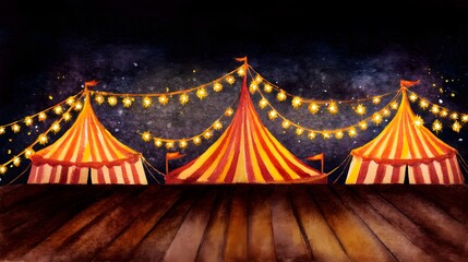 Magical carnival night illustration vibrant striped tents glow under a dark starry sky