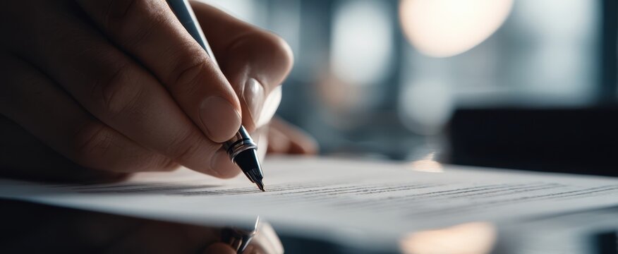 The Pen Signing a Legal Contract on a Desk with Blurred Background
