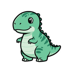 Obraz premium Adorable, cheerful cartoon green Tyrannosaurus Rex dinosaur with stripes, standing and smiling, in a simple, flat graphic style for children's themes.