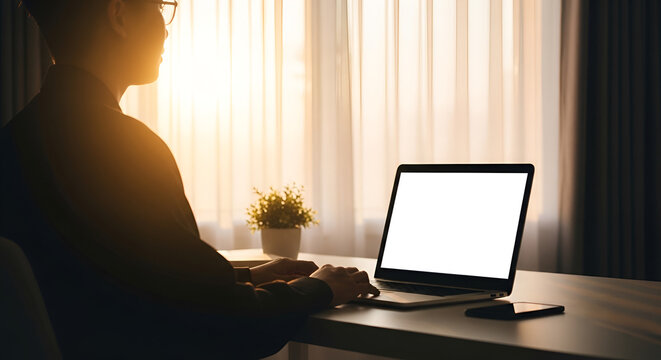 Man working on laptop computer at home with bright morning light streaming through window creating productive ambiance; lifestyle portrait
