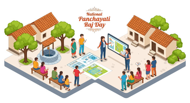 Isometric illustration of people engaging in rural governance and development activities on National Panchayati Raj Day in a village setting with buildings and trees.