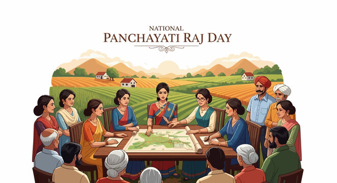 Illustration of people gathered around a table for a meeting on National Panchayati Raj Day with rural landscape background.