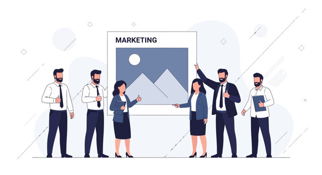 Team presenting marketing strategy with presentation board and charts