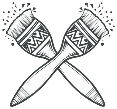 Crossed Paintbrushes Hatchwork Illustration with Geometric Pattern and Abstract Design