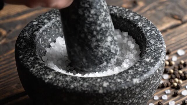 Hand grinding coarse salt in granite mortar and pestle for cooking preparation