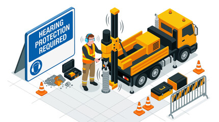 Fototapeta premium Worker wearing hearing protection near drilling truck.