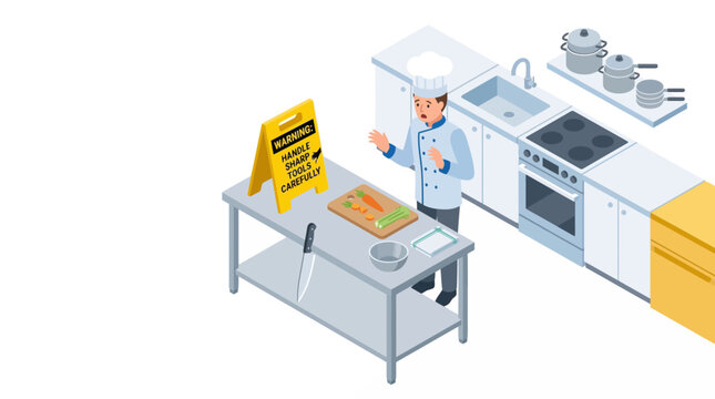 Isometric illustration of a chef in a kitchen.
