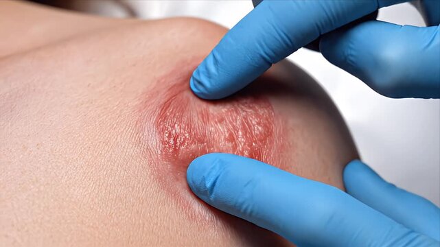 Close-up Examination of Inflamed Skin Patch on Adult Shoulder by Medical Professional in Blue Gloves Clinical Assessment of Dermatological Condition and Skin Irritation