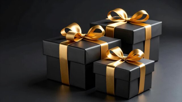 Three elegant black gift boxes with shiny gold ribbon and bows on a dark background