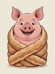 Naklejka premium Whimsical pig character wrapped in a pretzel twist, exuding joy and playfulness. National Pigs in a Blanket Day
