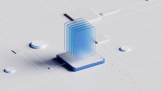 animated data filtering process with particles flowing through glass plates. 3D animation