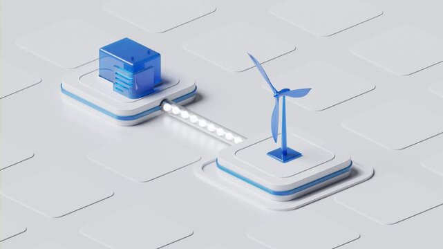 animated renewable energy concept with spinning wind turbine powering server. 3D loops animation