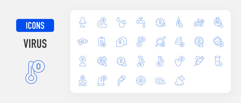 Virus icon. Flu, Std, Poop, Protection, Infected Person, Search Virus Icon, Virus Alert, Tongue, Injection, Antidote, Death, Testing, Aim, Eye Infection, Nose Infection, Meat vector.