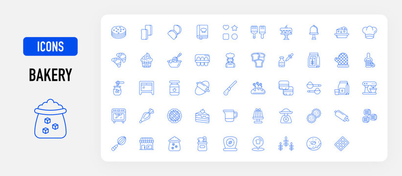 Bakery icon. Pita Bread, Rusk, Recipe Book, Mold, Brush, Cake, Cake Dome, Cheese, Chef Hat, Croissant, Cupcake, Dough, Eggs, Female Baker, Flat Bread, Flavour, Flour, Glove, Grater, Honey vector. 