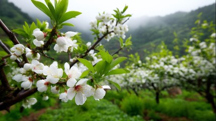 Fototapeta premium Soft Morning Mist Over Cherry Orchard Blossoms in Early Light