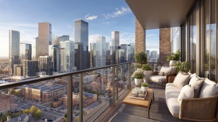 Fototapeta premium Modern Urban Balcony with Cityscape View at Sunset in High-Rise Building Featuring Comfortable Seating and Lush Greenery