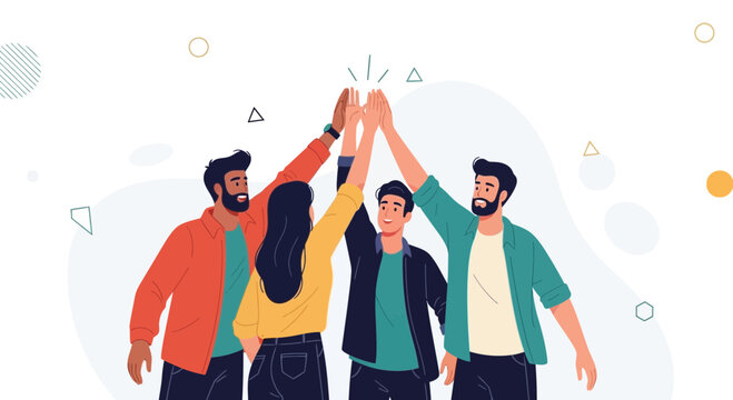Diverse team celebrating success with high fives, teamwork and unity concept