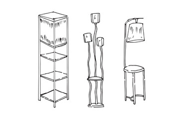 Hand-drawn sketch of modern classic floor lamps with elegant tall stands and simple fabric shades. Stylish interior lighting elements on white background. © Pattaya