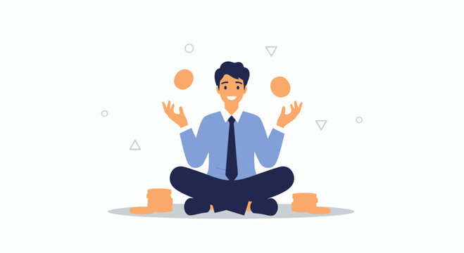 Businessman juggling balls while meditating, symbolizing balance and multitasking in business.