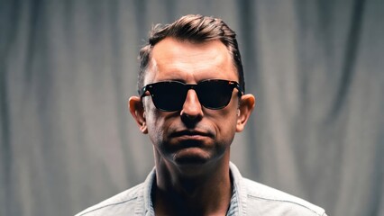 Obraz premium Caucasian male adult wearing sunglasses with neutral expression against gray background.