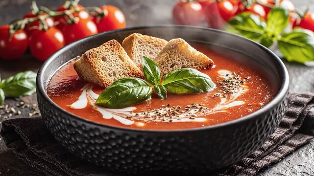 Tomato soup with croutons and fresh basil healthy delicious appetizer or meal preparation