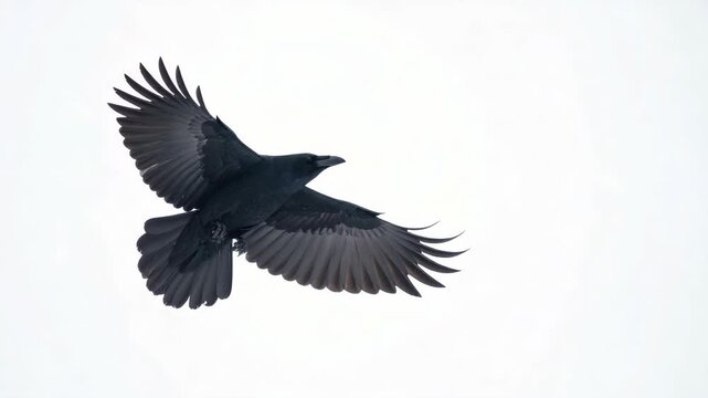 A solitary black crow soars against a stark white sky with wings spread wide