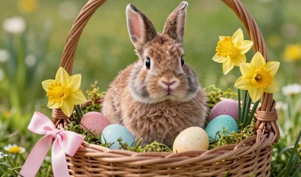  A cheerful bunny in a woven basket surrounded by blooming spring daffodils and colorful Easter eggs, soft sunlight, gentle breeze, and fluttering ribbons, inviting warmth and whimsy. 4K and HD video