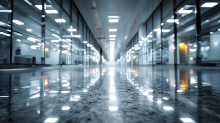 Obraz premium Modern Office Corridor with Reflections and Glass Walls at Night