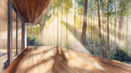 Fototapeta premium Serene modern home patio bathed in warm sunlight a tranquil nature scene illustration