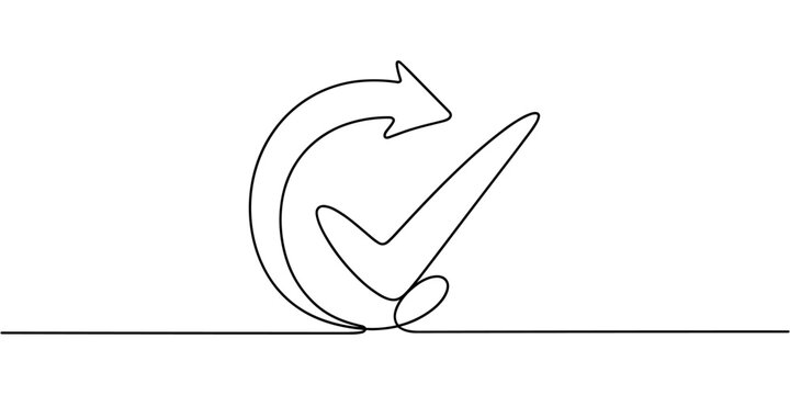 Continuous one line art drawing circular arrow with check mark for success and approval. No editable stroke