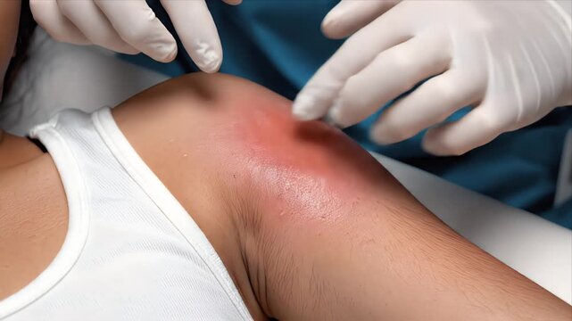 Close Up Of Teenagers Upper Arm Showing A Large Red Swollen Area Indicating Inflammation Or Infection With Medical Gloves Examining The Condition