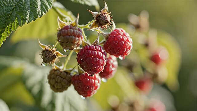 Close up video of ripe red raspberries clustered on a branch glistening with water droplets in soft warm sunlight and blurred green background