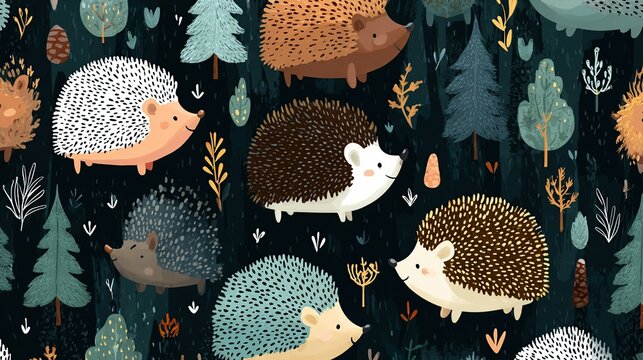 Cute hedgehogs in forest seamless pattern