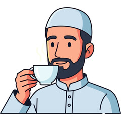 Obraz premium Man in traditional attire sips coffee with a calm expression indoors.