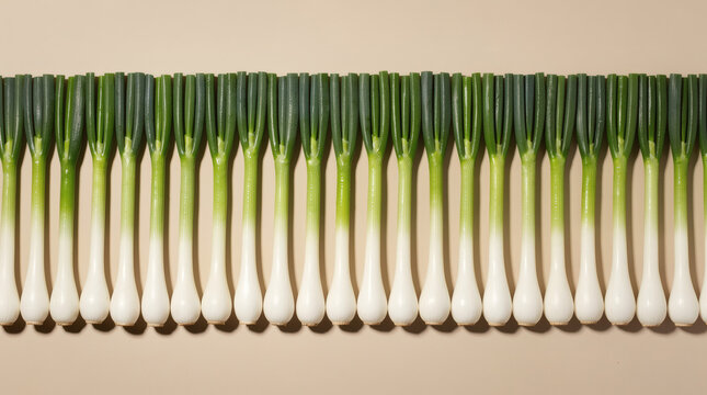 A long perfectly aligned row of fresh green spring onions.