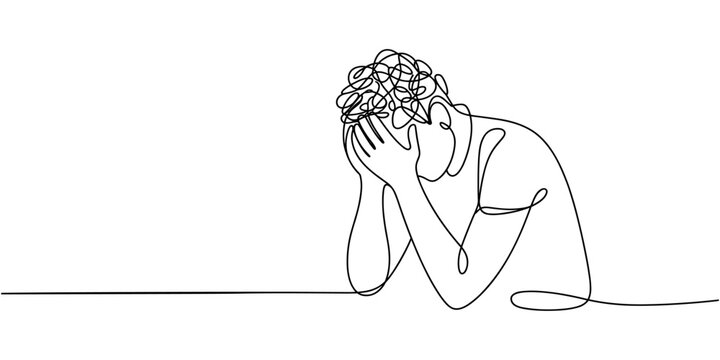 Continuous one line drawing of person with confused messy feelings worried about bad mental health. Work burnout and anxiety concept in simple linear style. Editable stroke. Vector illustration
