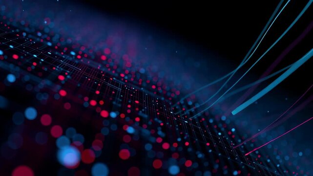 Neural network big data flow visualization binary code matrix machine learning abstract background quantum computing cyber create futuristic luminous digital landscape with flowing dots lines glowing