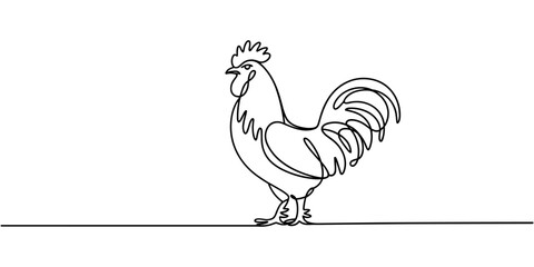 One continuous line illustration of an chicken, isolated on white background, Continuous one line drawing of a rooster standing upright, representing confidence and awakening, line art style vector © Creative Tania