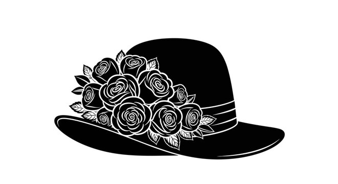 Black hat with floral decoration.