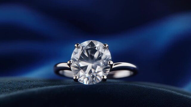 Luxurious diamond solitaire ring, detailed close-up on blue velvet, sparkling gemstone with light reflections, symbolizing luxury and commitment