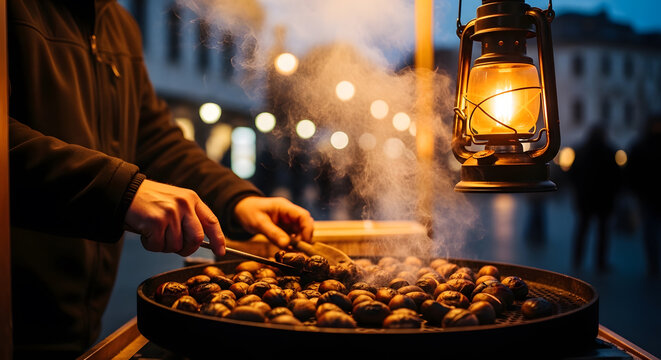 A street vendor preparing roasted chestnuts on a large pan under a warm glowing lantern in the city evening